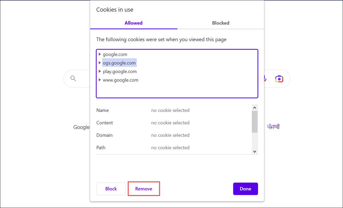 Окно «Файлы cookie в использовании» в Chrome с кнопкой удаления