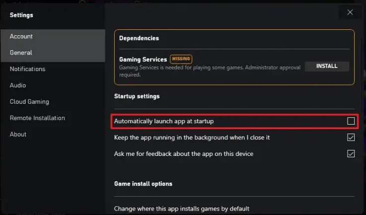 Настройки автозапуска приложения Xbox в Windows 11