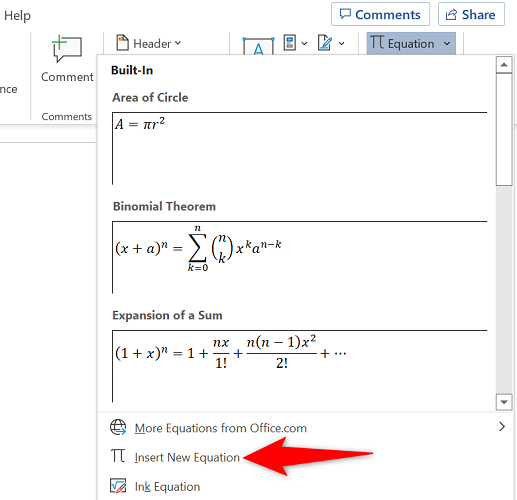 Выберите «Вставить новую формулу» в Word