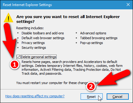Диалог прогресса сброса Internet Explorer