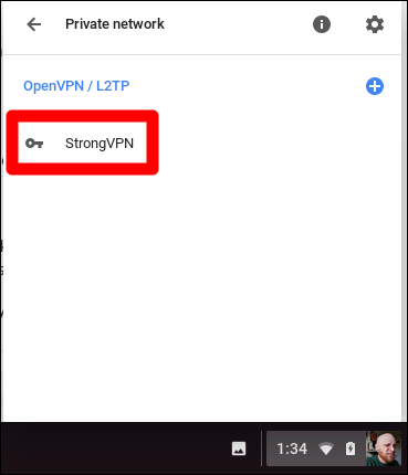 Снимок экрана с подключённой сетью VPN на Chromebook