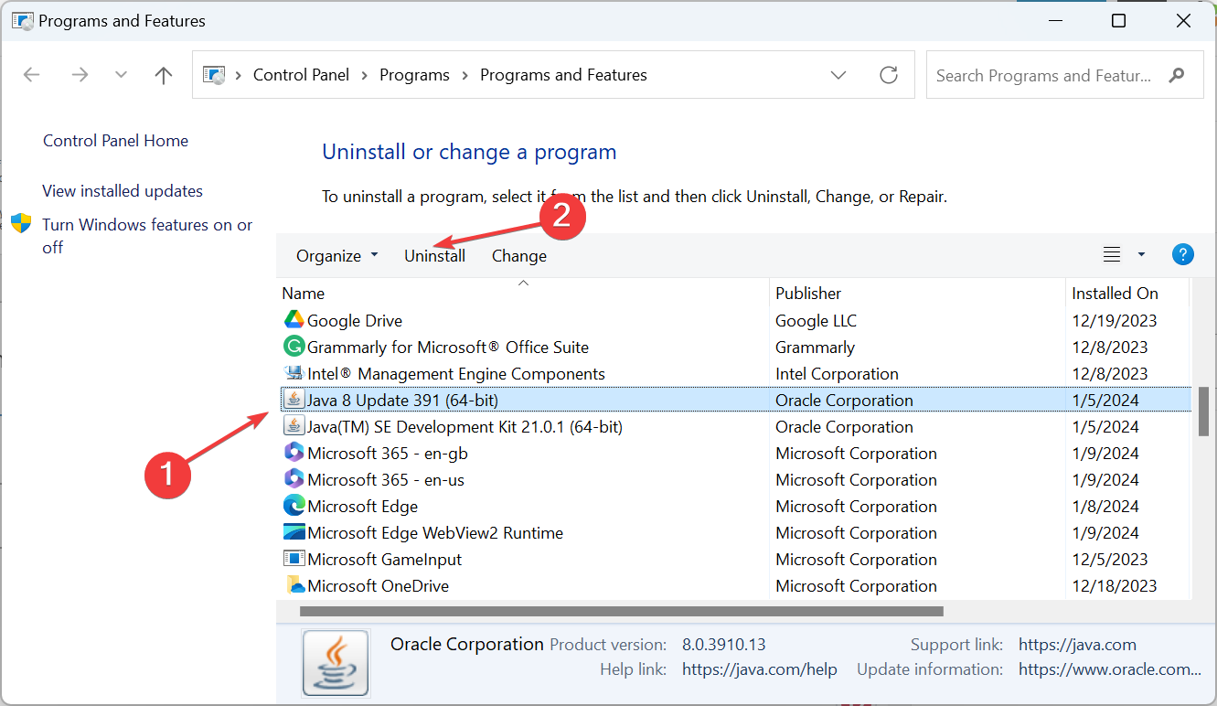 Удаление Java через 'Программы и компоненты'