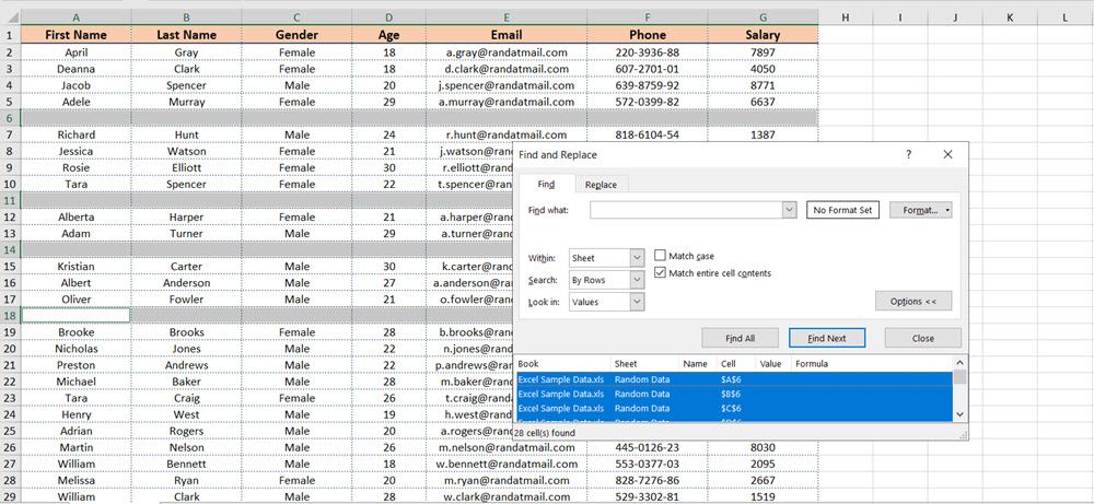 Использование Найти и заменить для поиска пустых ячеек в Excel