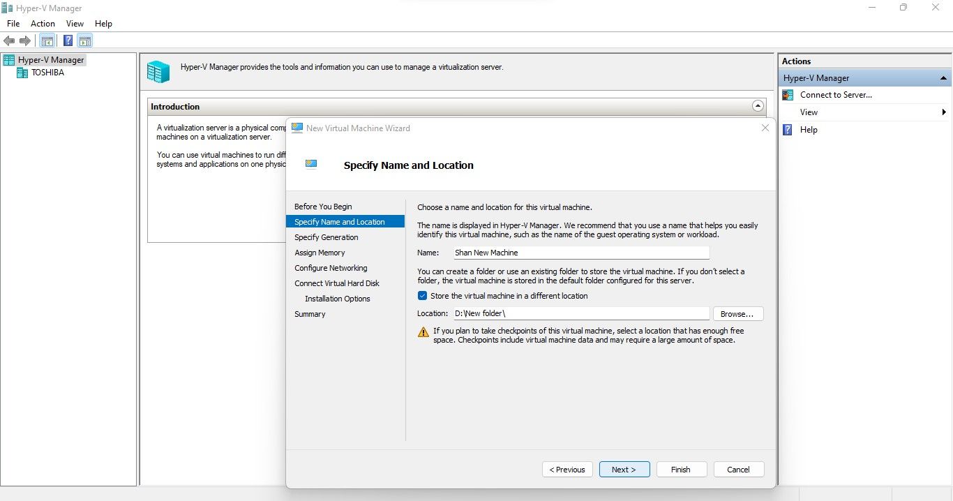 Задание имени и местоположения виртуальной машины