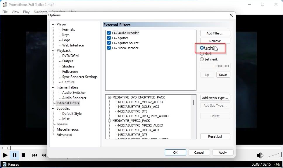 Опция Prefer для внешних фильтров в MPC-HC