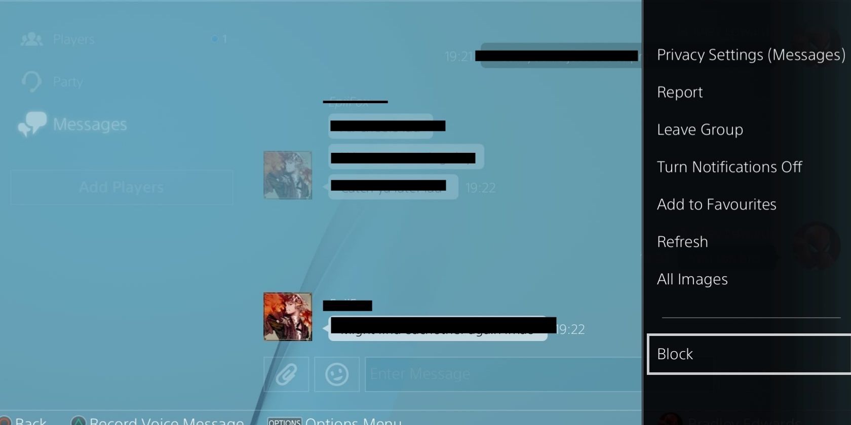 Список групп на PlayStation 4 с боковым меню и опцией Заблокировать пользователя