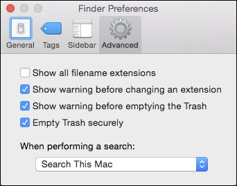 Настройки Finder, вкладка Advanced с опцией Empty Trash securely