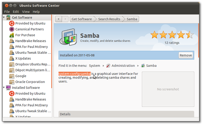 Информация о system-config-samba в Центре приложений Ubuntu