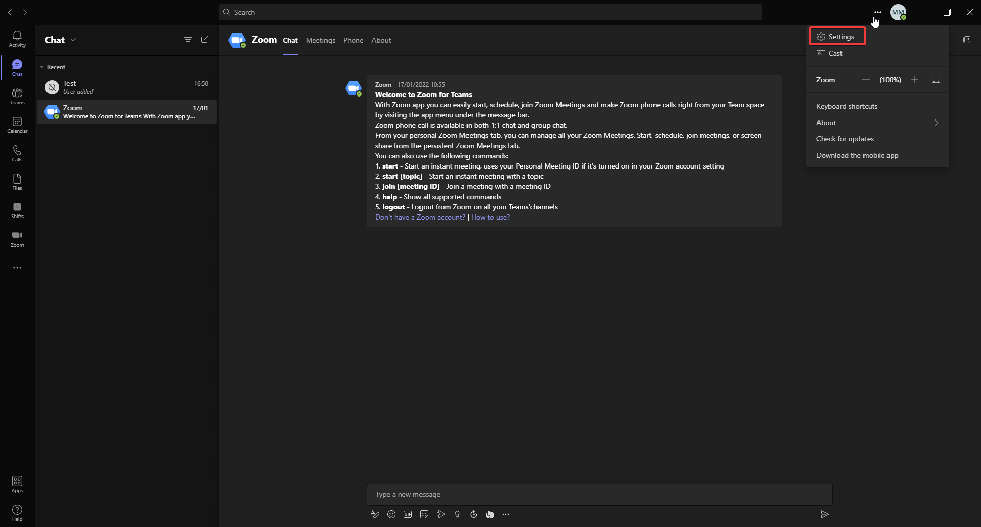 Открыть настройки Teams.