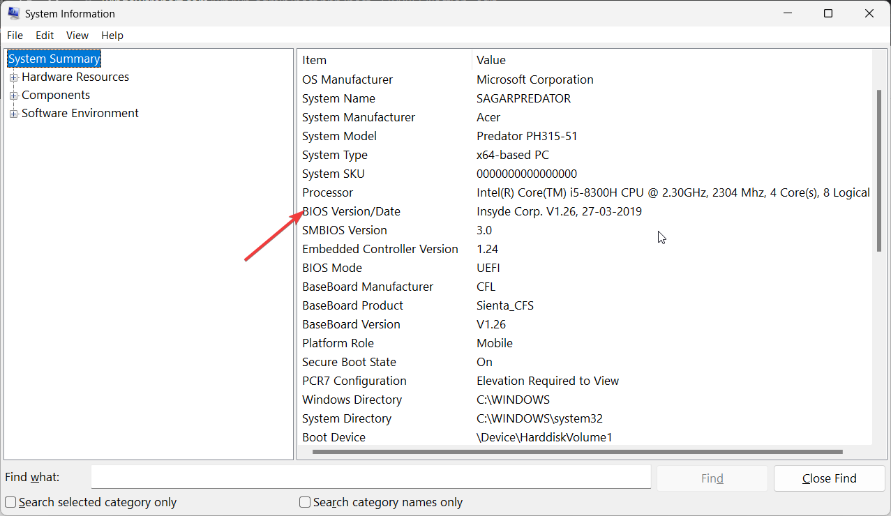 Раздел с версией BIOS