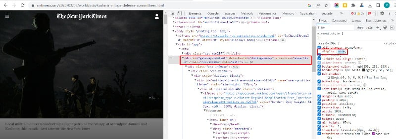 Инспектор элементов показывает блок paywall на NYT
