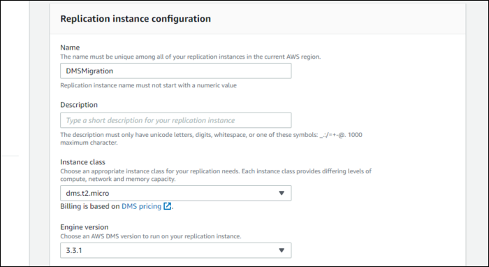 replication instance settings