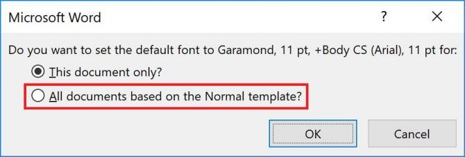 Подтверждение установки шрифта по умолчанию для всех документов на основе шаблона Обычный