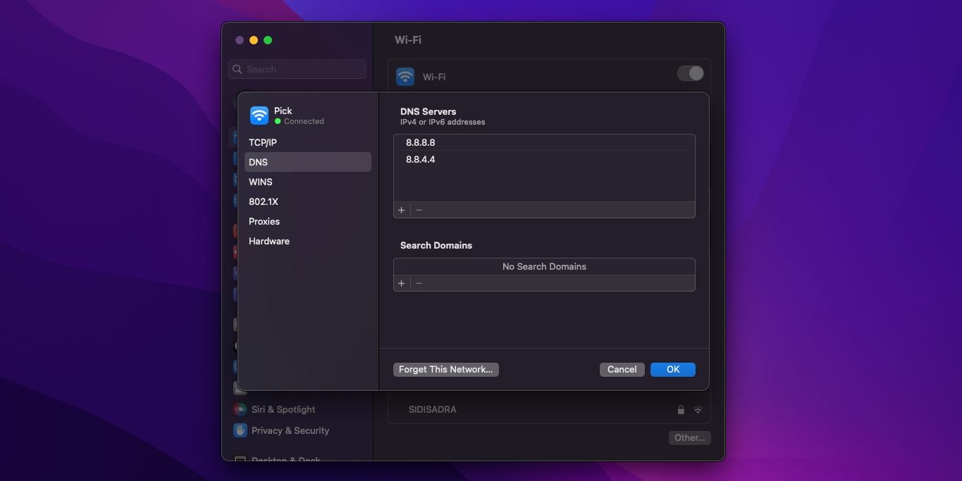 Изменение DNS в macOS: окно настроек сети с вкладкой DNS