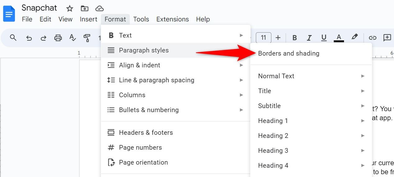Выделена опция «Рамки и заливка» в меню Google Docs.