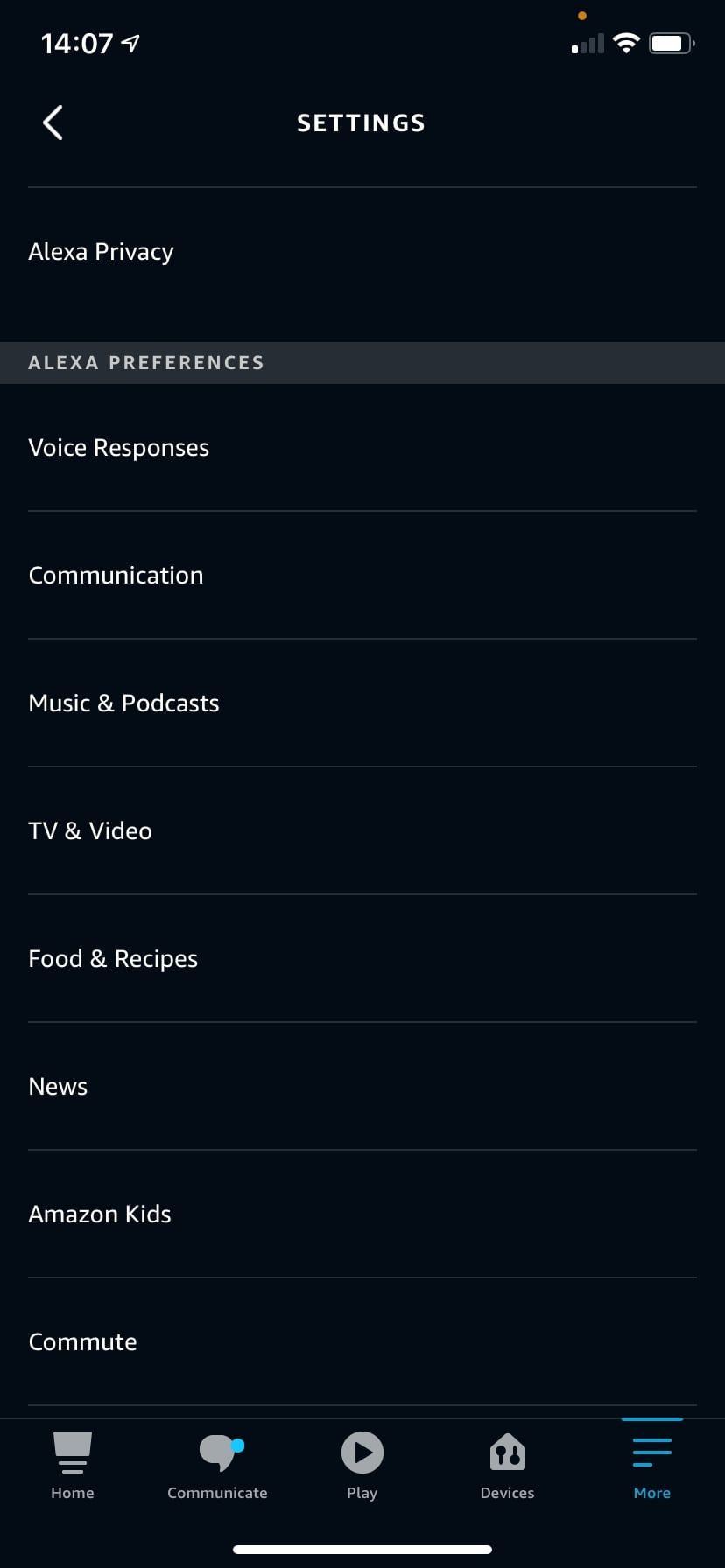 Скриншот страницы настроек Alexa