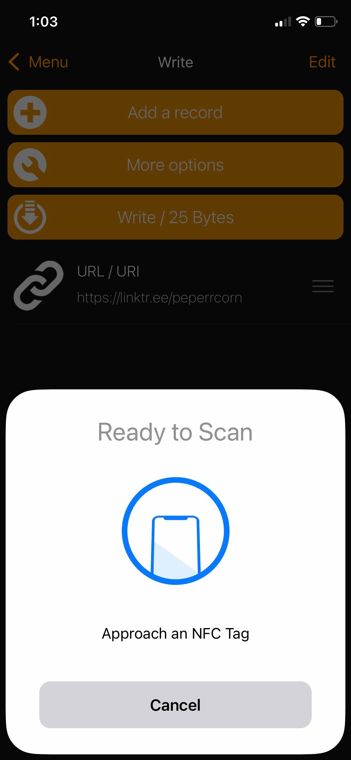 Скриншот экрана Ready to scan tag в приложении NFC Tools.