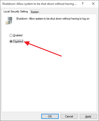 Отключение параметра завершения работы без входа в локальной политике безопасности