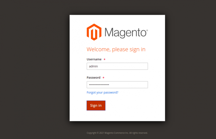 Страница авторизации административной панели Magento