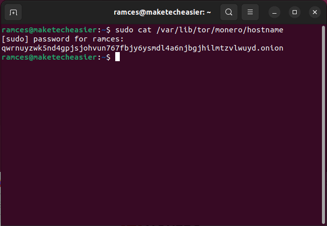 Изображение: вывод .onion-адреса узла Monero в терминале