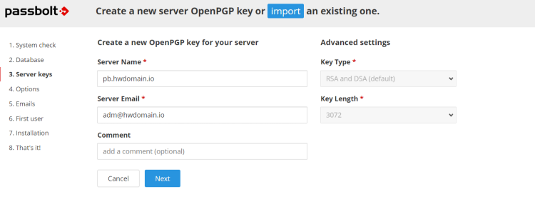 Ввод данных для генерации OpenPGP ключа