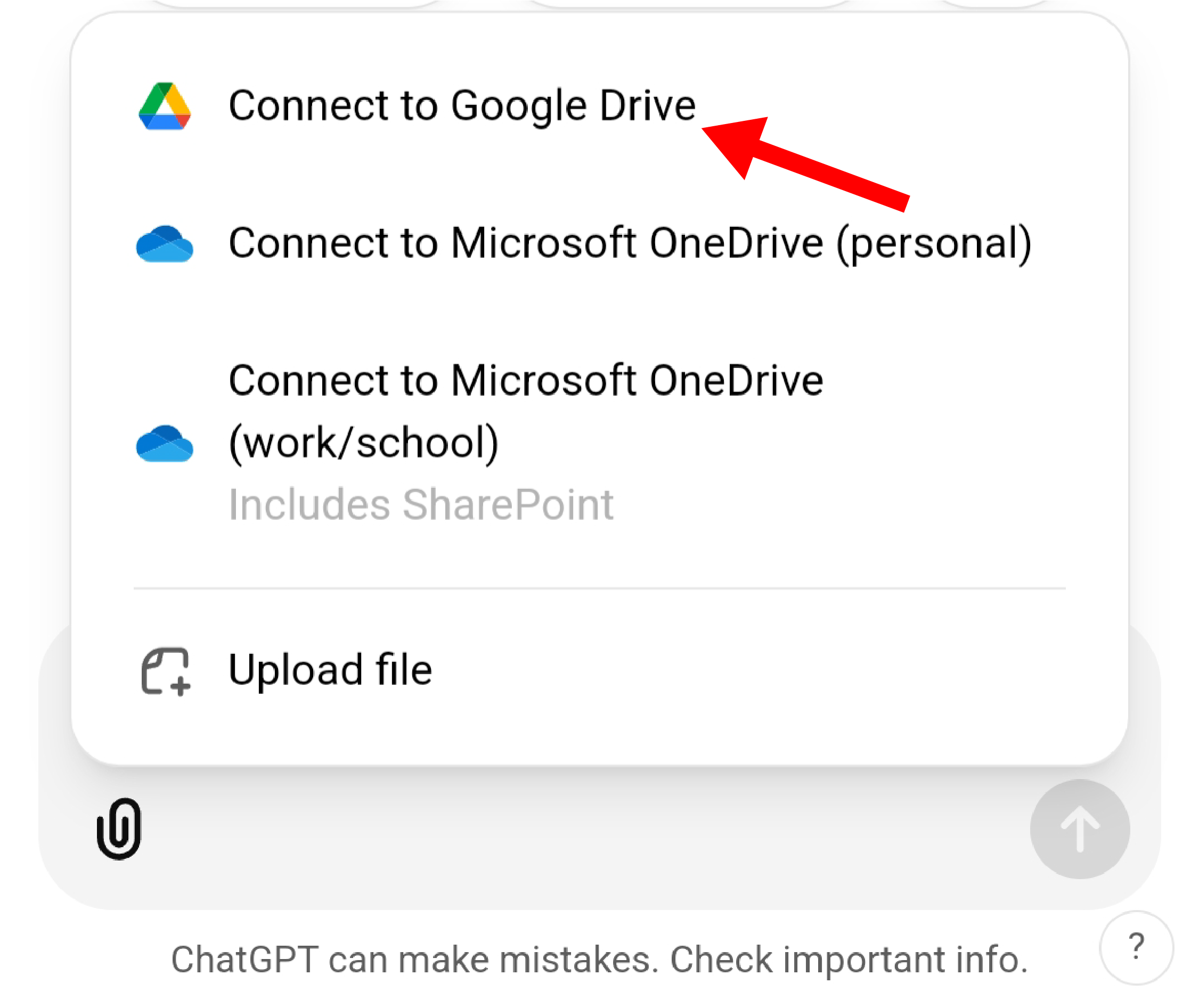 Опция «Подключиться к Google Drive» в меню вложений.