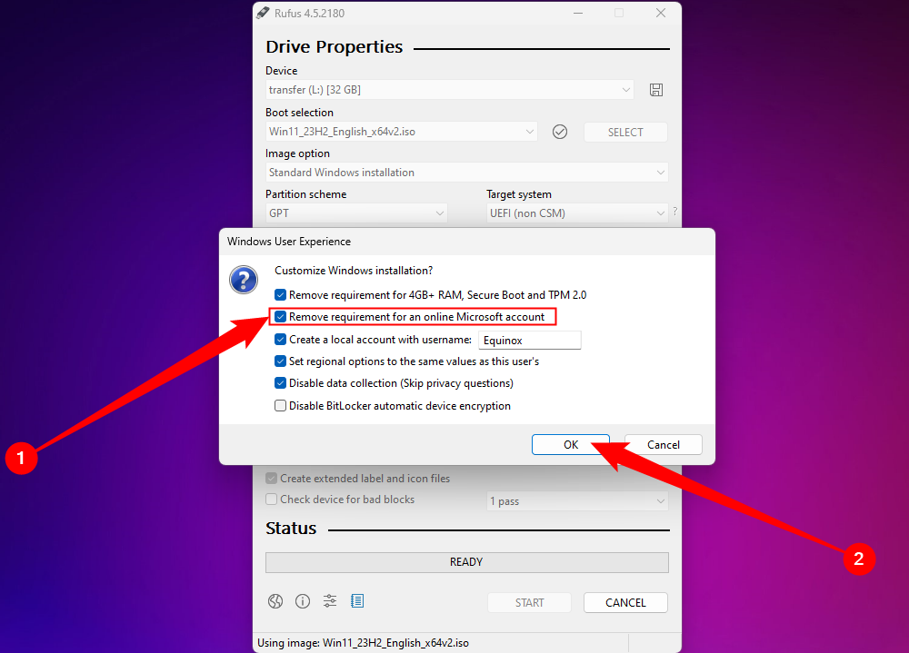 Отключение требования учётной записи Microsoft в Rufus.