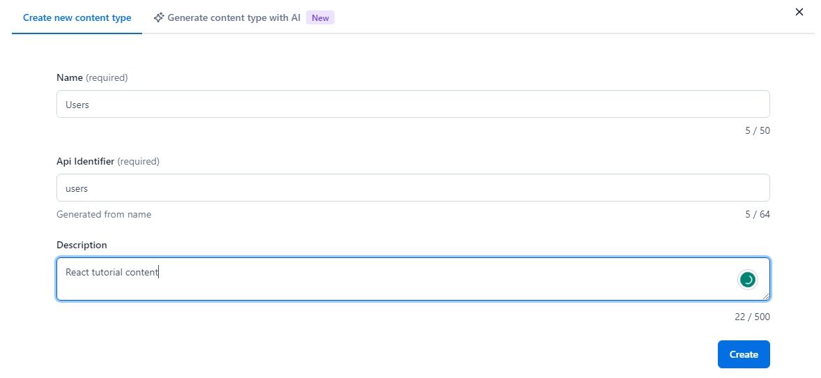 Форма создания нового типа контента