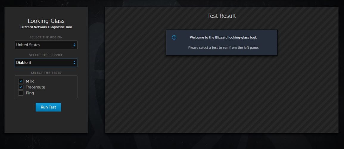 Интерфейс Blizzard Looking-Glass с выбором сервиса Diablo 3