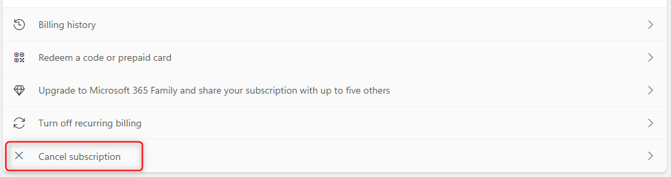 Кнопка Отменить подписку на странице управления подпиской Microsoft 365.