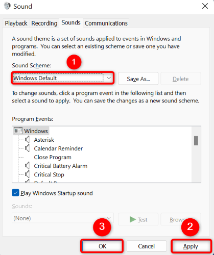 Restore Windows' system sounds.