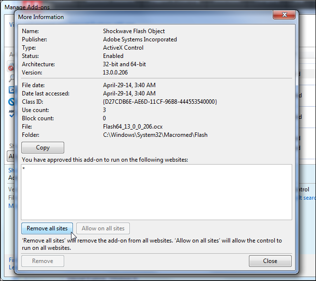 Экран управления дополнениями в Internet Explorer