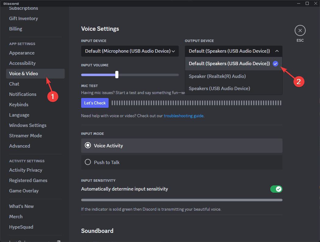 Раздел выбора устройства вывода в настройках Discord