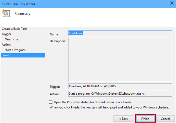 schedule shutdown windows 10 step 9