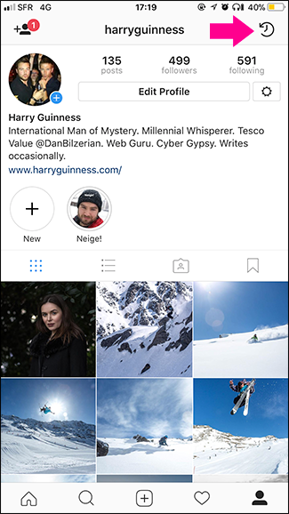 Значок Архива на странице профиля Instagram