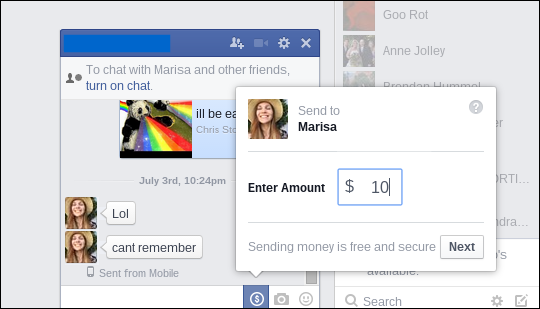 Окно выбора суммы для перевода в Messenger