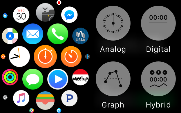 Экран выбора: Analog, Digital, Graph, Hybrid на Apple Watch