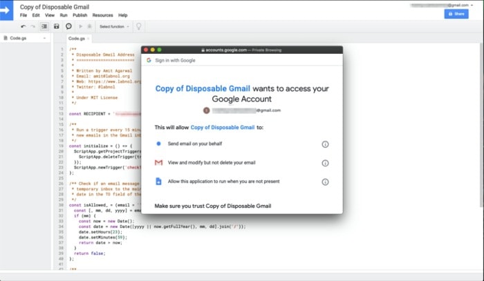 Экран запроса разрешений Google для скрипта