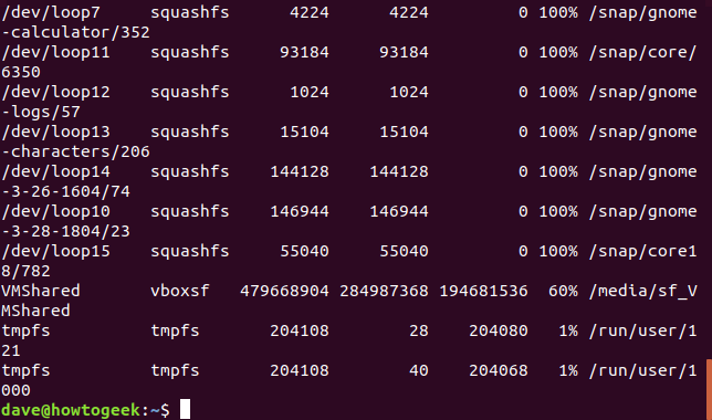 Вывод df с опцией -T, показывающий типы файловых систем