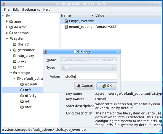 Окно редактирования ключа fstype_override; поле для ввода ntfs-3g