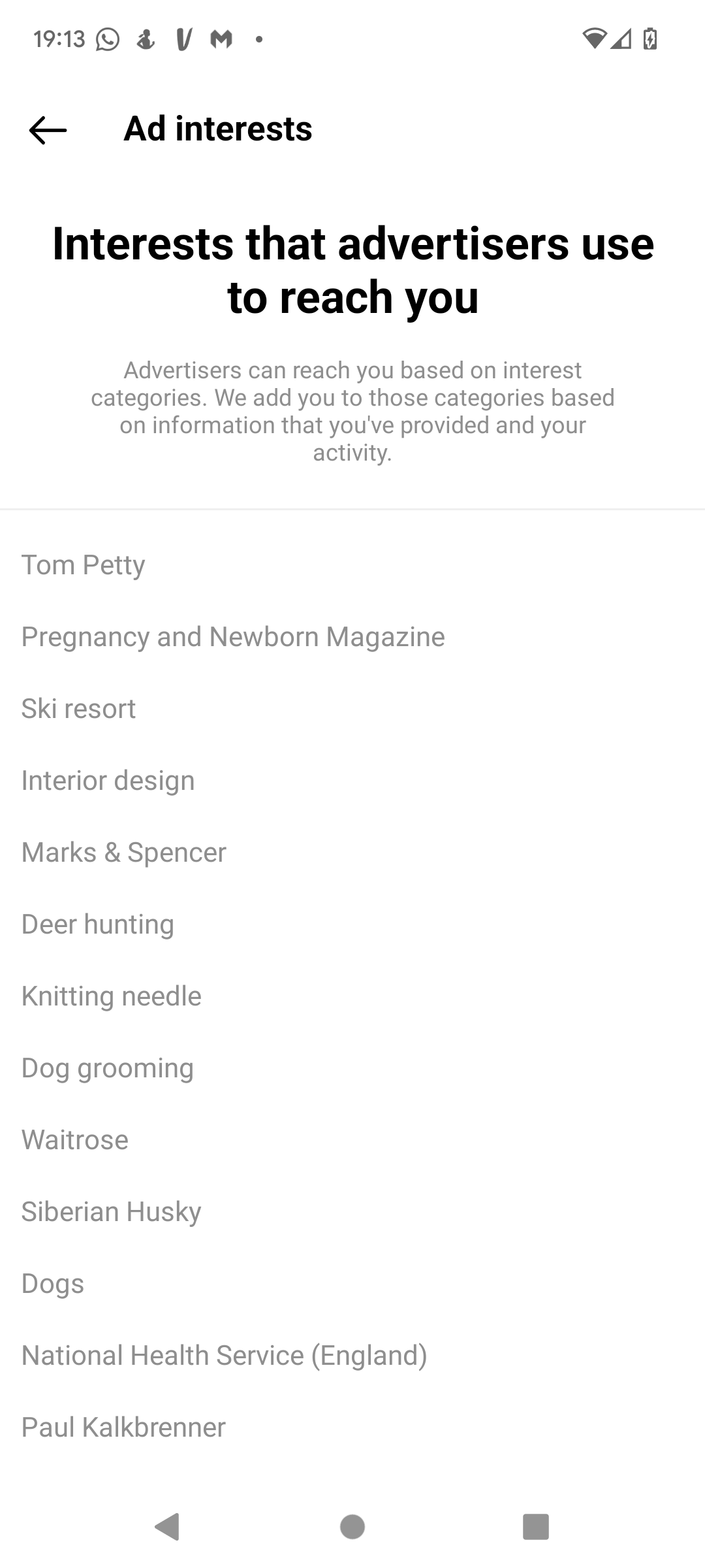 Список интересов рекламы в Instagram, пример интерфейса