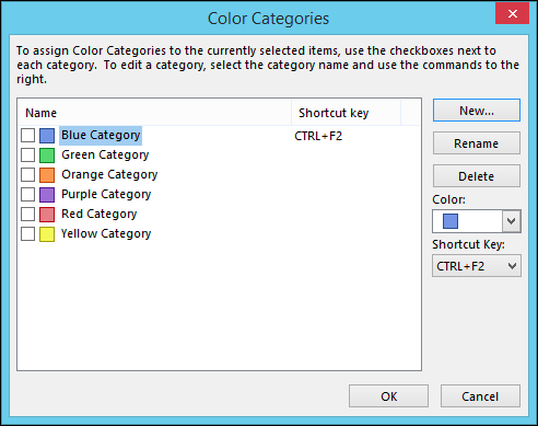 Окно 'Все категории' для создания, переименования и назначения сочетаний клавиш