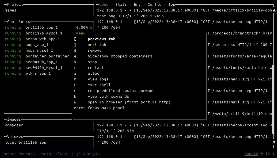 Справка Lazydocker: меню клавиш