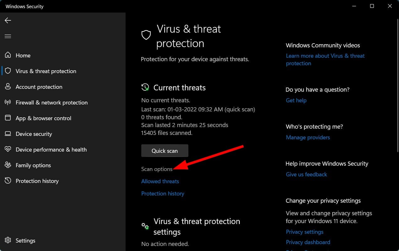 Опции сканирования Windows Security
