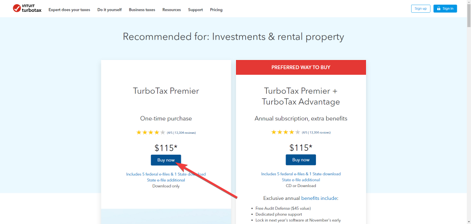 Кнопка 'Buy Now' для покупки TurboTax