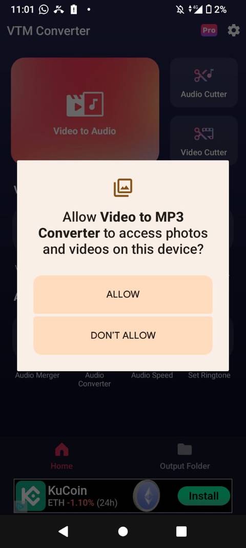 Разрешение приложению Video to MP3 на доступ к фото и видео