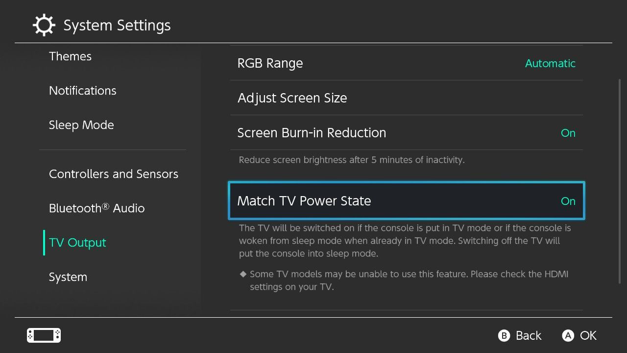 Настройка включения телевизора через параметры вывода Nintendo Switch