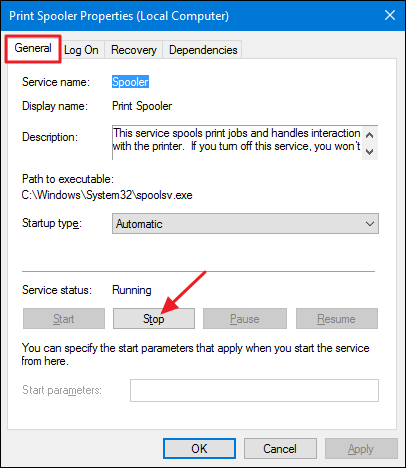 Кнопка Stop в свойствах службы Print Spooler