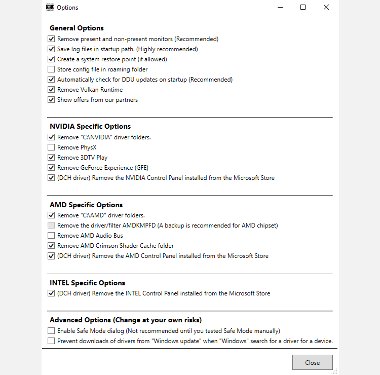 Окно параметров DDU перед началом работы