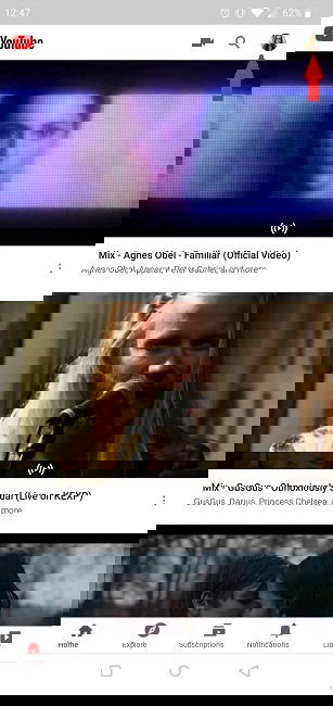 Иконка аккаунта YouTube в правом верхнем углу